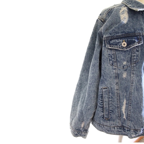 Highway NWT Destroyed Denim Jean Jacket XL Distressed Frayed Fringe - Picture 4 of 11